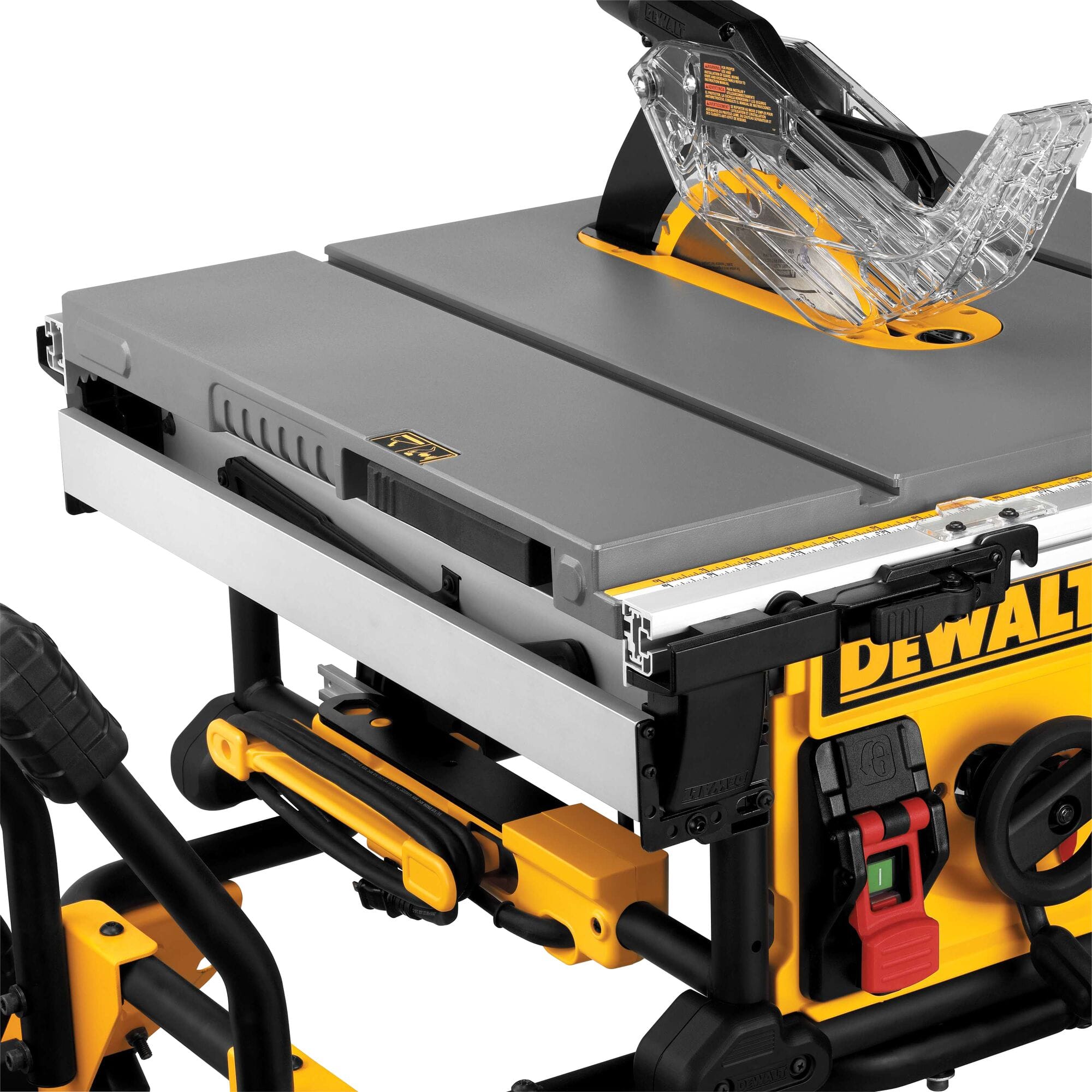 Power cord wrapped neatly around the integrated frame storage hooks on the side of the DeWalt DWE7491RS table saw.