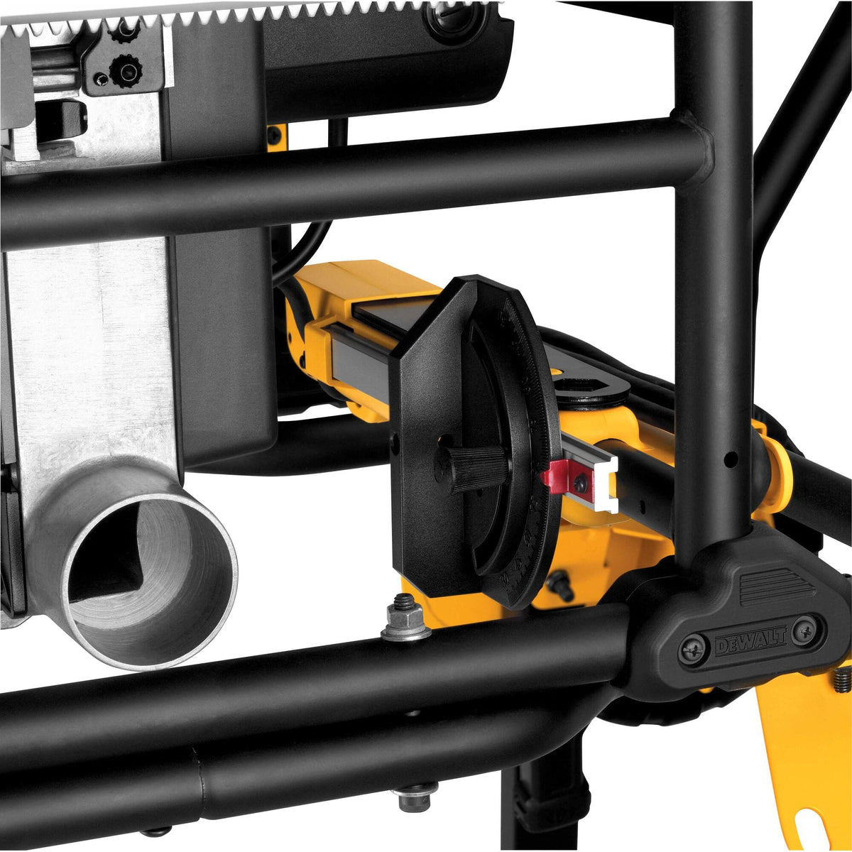 Miter gauge stored securely in the side frame storage clip beneath the dust port on the DeWalt DWE7491RS table saw.