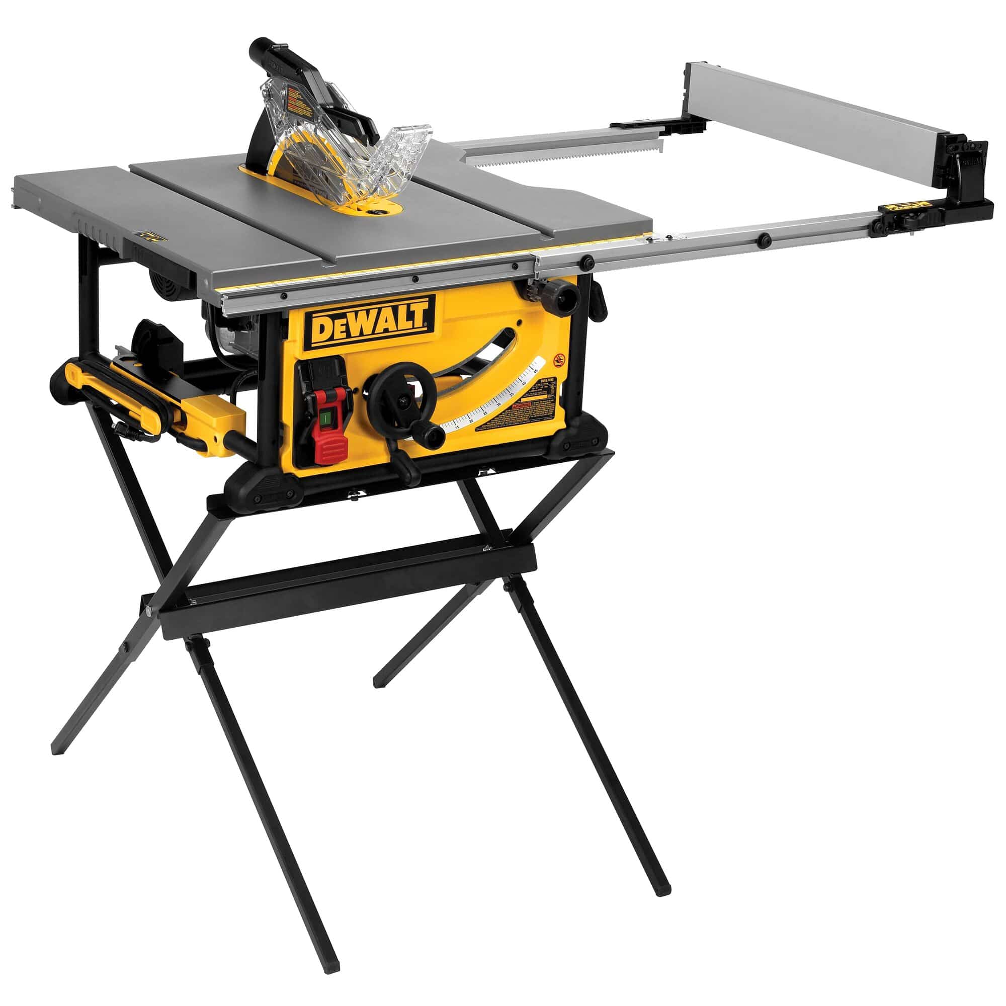 Side view of the DeWalt DWE7491RS jobsite table saw mounted on its open tubular steel folding stand legs.