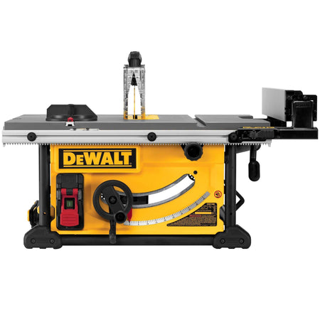 Front view of the DeWalt DWE7491RS table saw showing the power switch, bevel angle wheel, and rack-and-pinion fence rail.