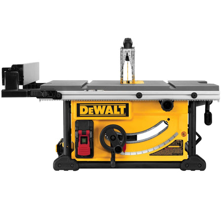 Rear view of the DeWalt DWE7491RS 10-inch jobsite table saw displaying the blade guard assembly and rip fence guide.