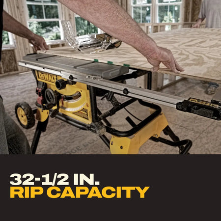 Carpenter pushing a 4x8 plywood sheet through the DeWalt DWE7491RS table saw utilizing its 32-1/2-inch rip capacity.