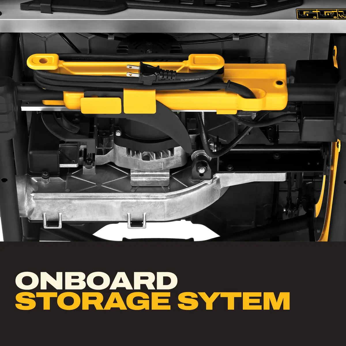 Underside storage compartment on the DeWalt DWE7491RS table saw neatly stowing the power cord, push stick, and wrenches.