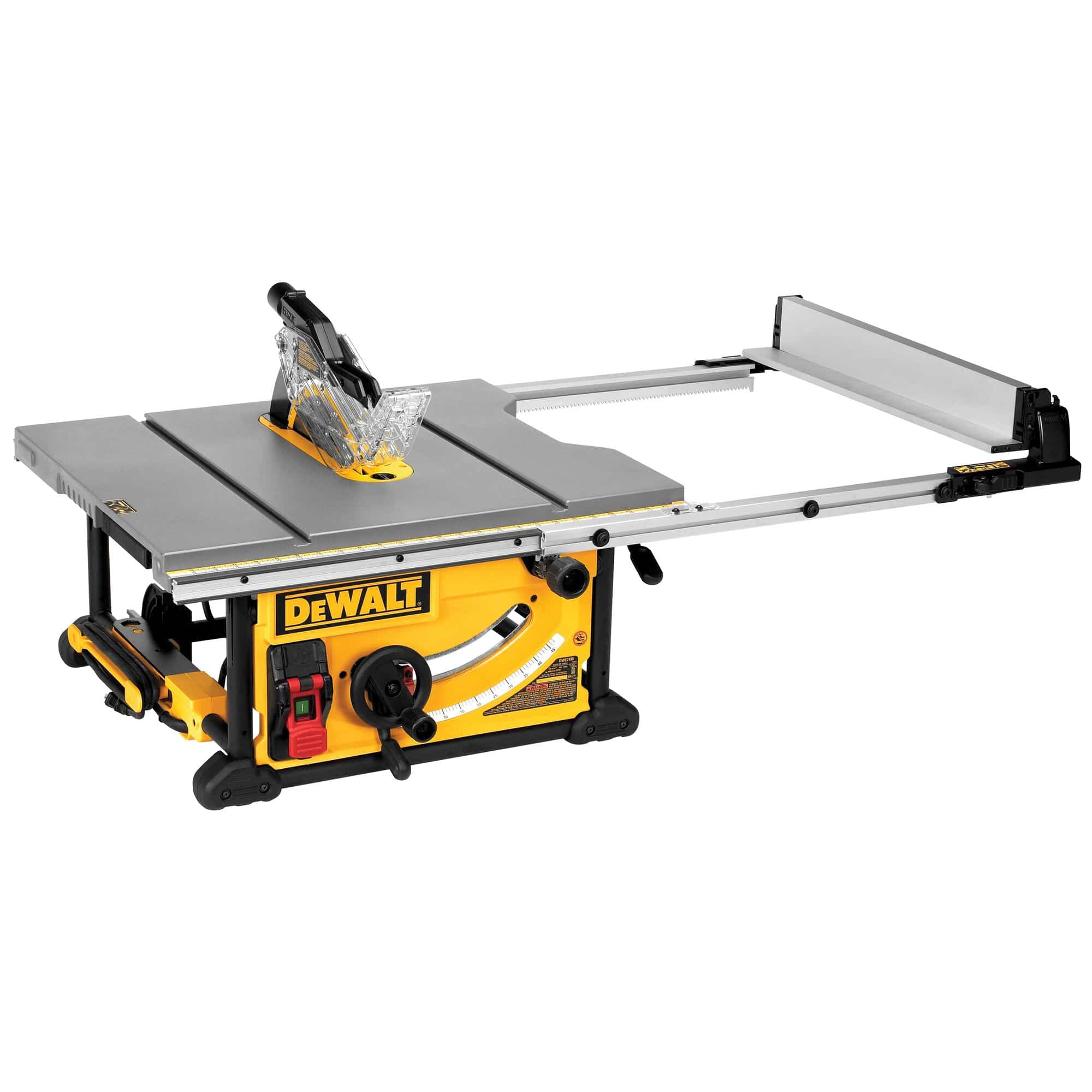 DeWalt DWE7491RS 10-inch benchtop jobsite table saw with telescoping rack-and-pinion fence fully extended.