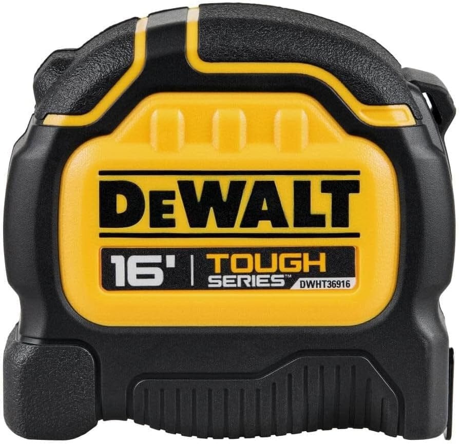 Studio view of the DeWalt ToughSeries 16-foot tape measure featuring a rugged black and yellow housing with large branding and a textured grip.