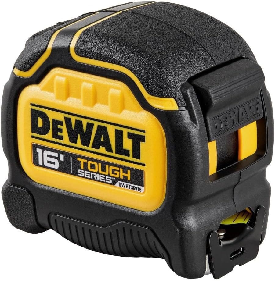 Front perspective view of the coiled tape measure highlighting the 16-foot length label and the DeWalt ToughSeries logo on the yellow faceplate.
