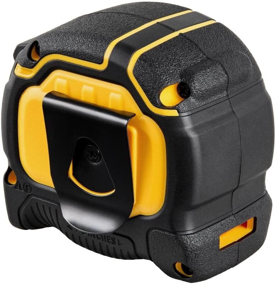 Rear view of the tape measure housing displaying the heavy-duty black metal belt clip and the integrated lanyard slot at the bottom.