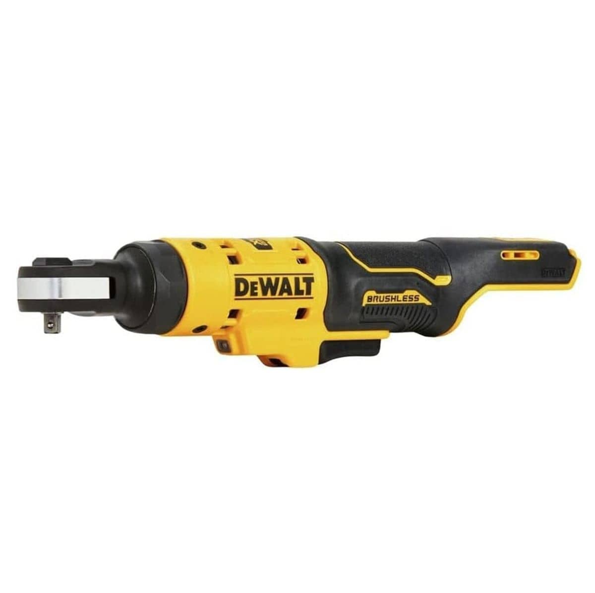DEWALT brushless cordless ratchet with metal head and square drive, designed for tightening or loosening fasteners in confined spaces