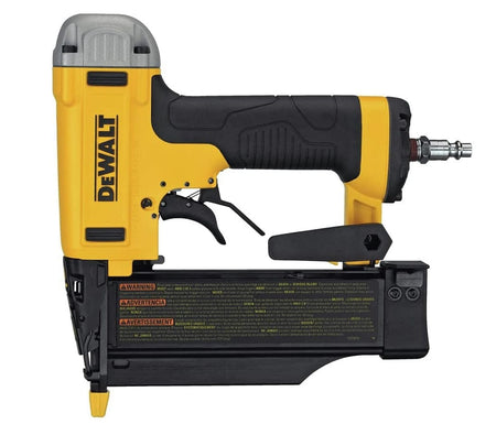 A side profile studio shot of the DeWalt DWFP2350K 23-gauge pin nailer, showing the trigger, magazine, and belt hook.