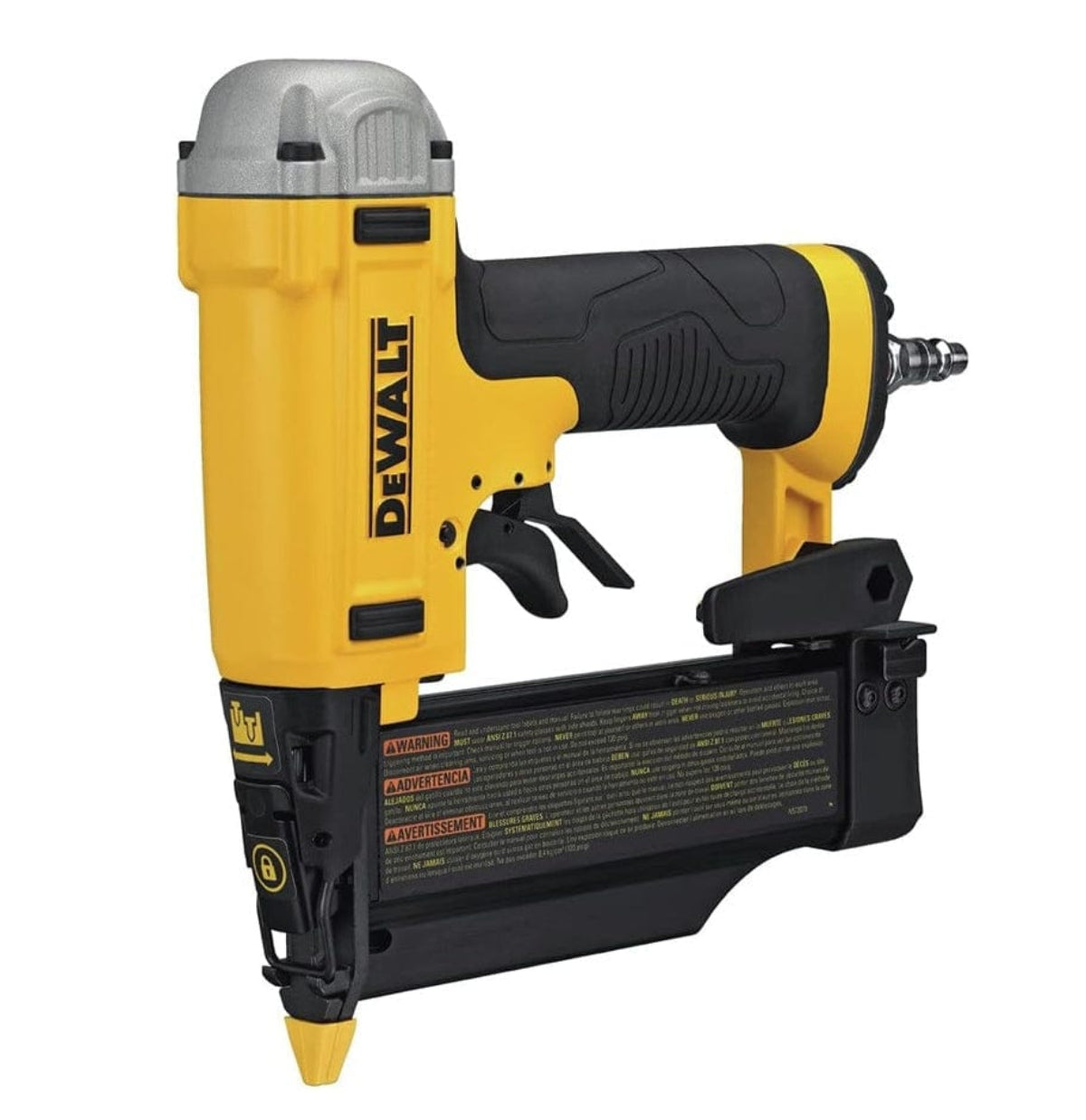 A three-quarter angle studio shot of the DeWalt DWFP2350K 23-gauge pin nailer.