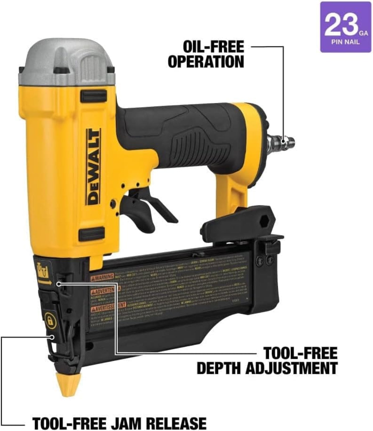 A feature callout diagram of the DeWalt DWFP2350K pin nailer, highlighting its oil-free operation, tool-free depth adjustment, and tool-free jam release.