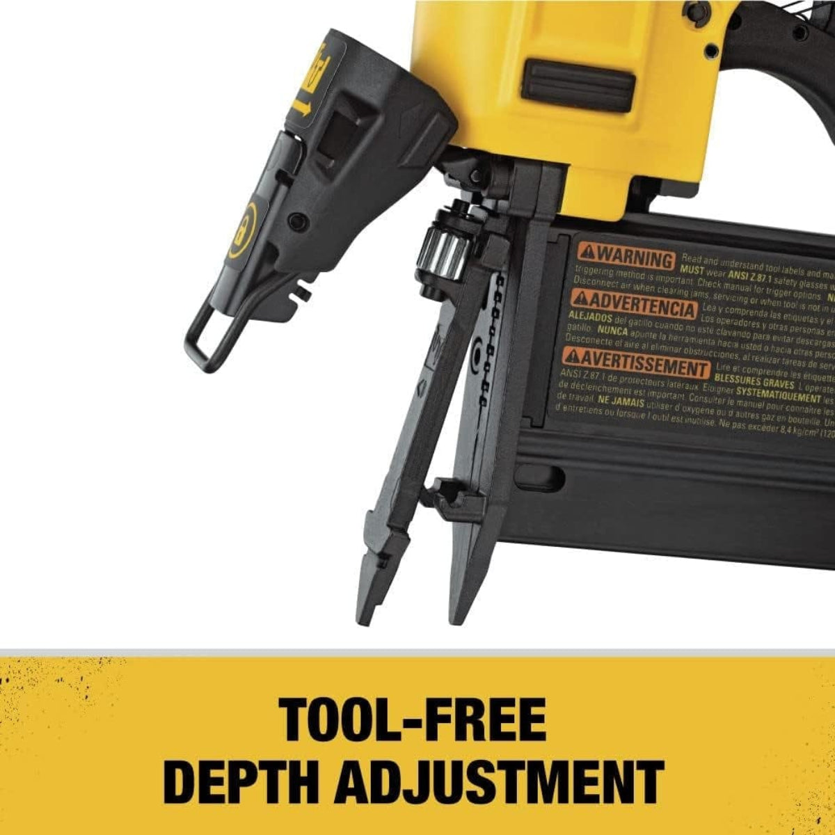 A close-up studio shot of the tool-free jam release mechanism on the nose of the DeWalt DWFP2350K pin nailer.