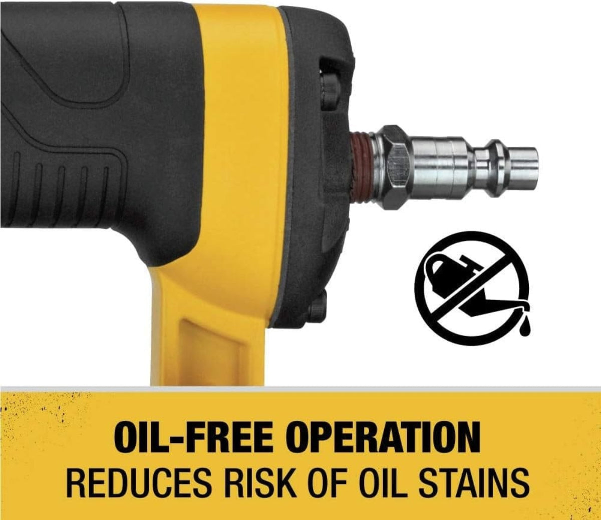 A close-up marketing graphic showing the air inlet on the DeWalt pin nailer, with an icon and text that reads "OIL-FREE OPERATION REDUCES RISK OF OIL STAINS".