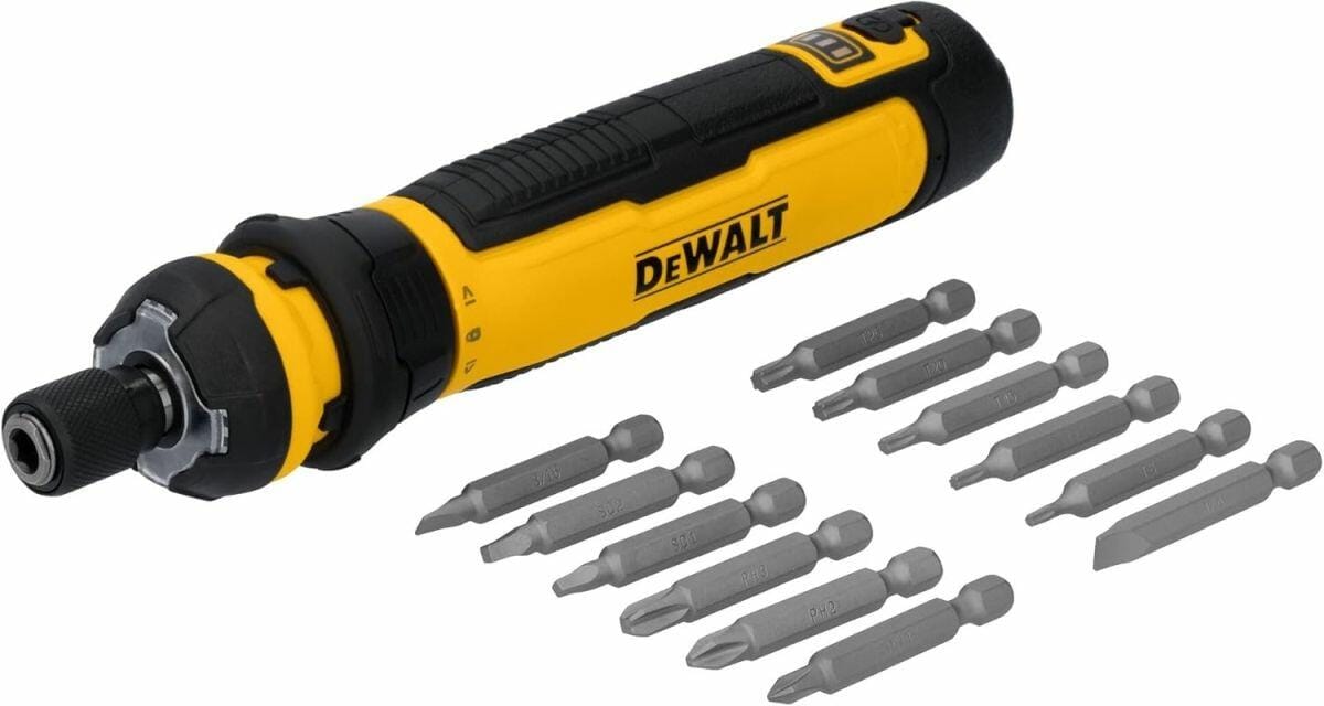 Dewalt 4V cordless screwdriver shown with 12 interchangeable bits arranged in two rows. Tool features textured grip and quick-load bit holder.