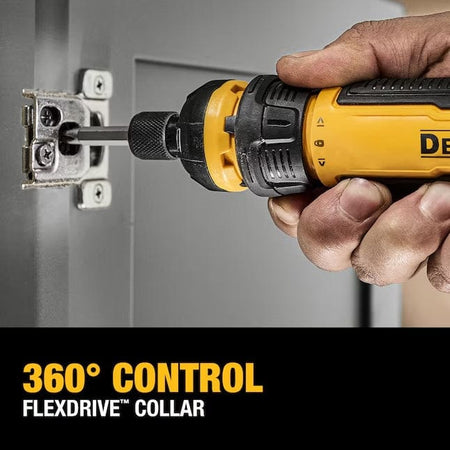 Close-up of Dewalt screwdriver driving a screw into a concealed cabinet hinge. Text overlay highlights “360° Control” and “FLEXDRIVE™ Collar.”