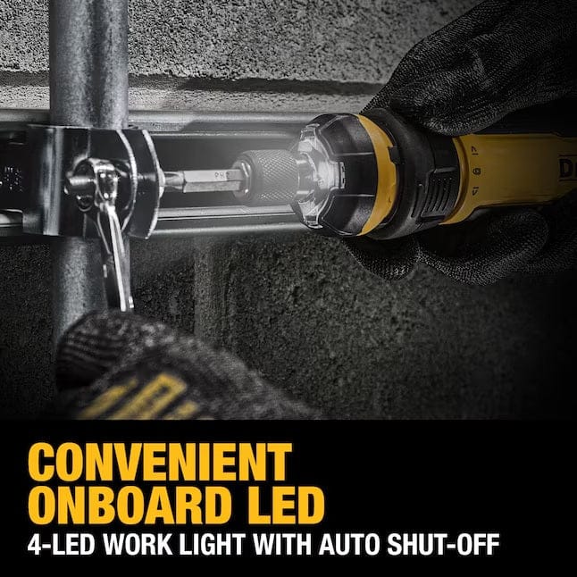 Dewalt cordless screwdriver illuminating a bolt on metal surface with onboard 4-LED work light. Worker wears gloves in a workshop setting. Text overlay reads “Convenient Onboard LED.”