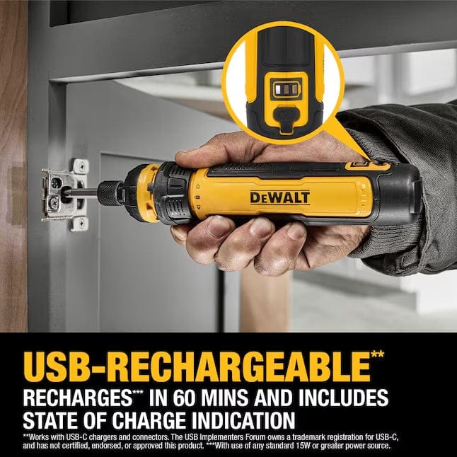 Person using Dewalt 4V cordless screwdriver to fasten a screw into a metal plate on a wooden surface. Tool features visible USB-C charging port and LED charge indicator. Text overlay highlights USB recharge capability and 60-minute charge time.