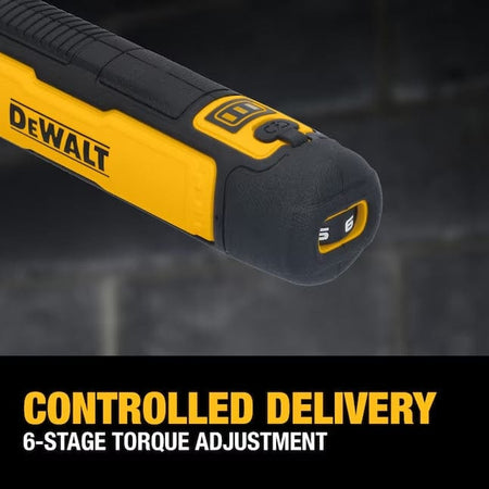 Close-up of Dewalt 4V cordless screwdriver showing torque adjustment dial set to level 6. Text overlay highlights “Controlled Delivery” and “6-Stage Torque Adjustment.”