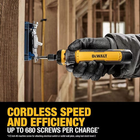 Worker using Dewalt cordless screwdriver to fasten screw into electrical outlet wall plate on wood framing. Text overlay promotes cordless speed and 680 screws per charge.