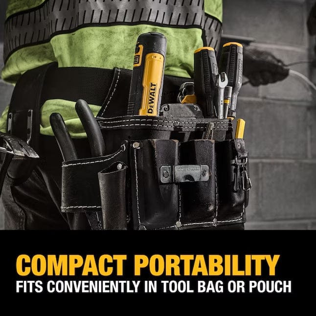 Person wearing tool pouch with Dewalt screwdriver, pliers, and other hand tools. Text overlay reads “Compact Portability – Fits Conveniently in Tool Bag or Pouch.”