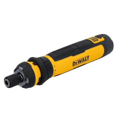 Dewalt cordless screwdriver with rubberized grip, front chuck, and rear control panel. LED indicators and switch visible for torque and battery status.