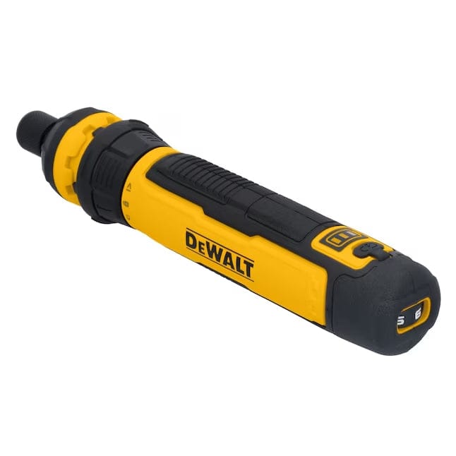 Compact Dewalt cordless screwdriver with yellow and black design. Features textured grip, forward/reverse switch, and front chuck for bit insertion.