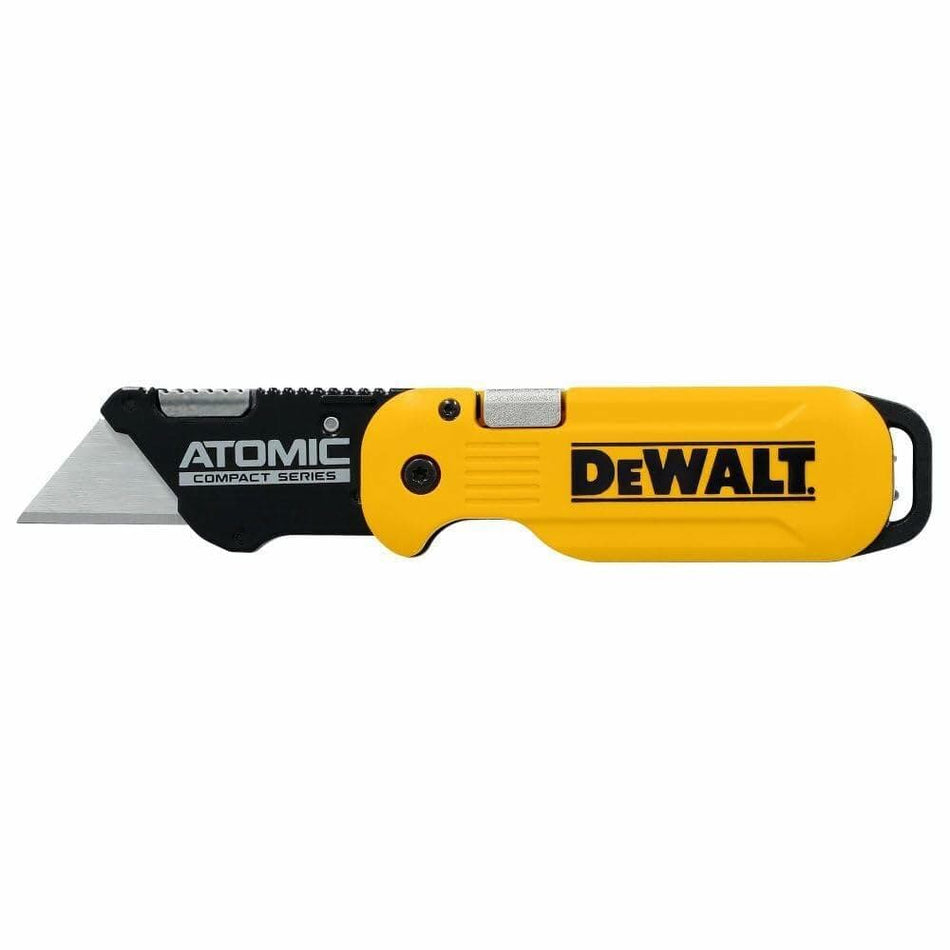 DEWALT ATOMIC Compact Folding Utility Knife with one-hand flip open, quick blade change, ergonomic grip, and tether hole DWHT10990