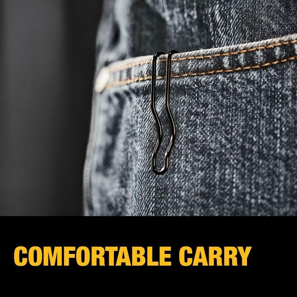 DEWALT ATOMIC Compact Folding Utility Knife with one-hand flip, quick blade change, ergonomic grip, and convenient carry clip