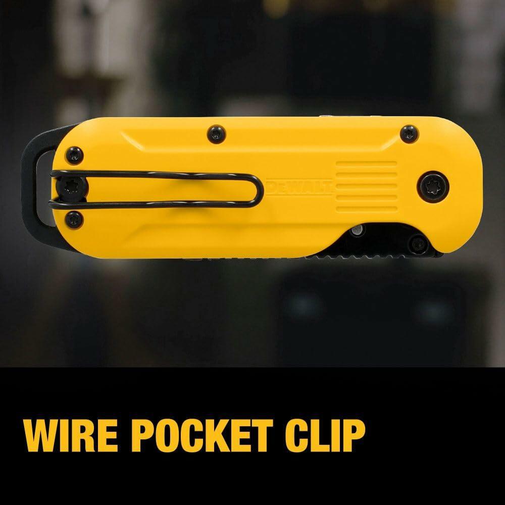 DEWALT ATOMIC Compact Folding Utility Knife with wire pocket clip and ergonomic grip for one-hand quick blade change