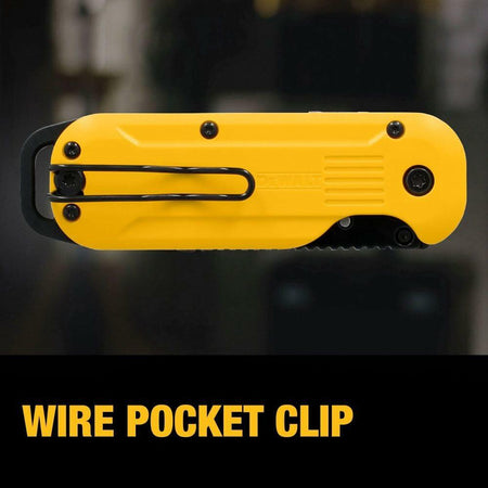 DEWALT ATOMIC Compact Folding Utility Knife with wire pocket clip and ergonomic grip for one-hand quick blade change