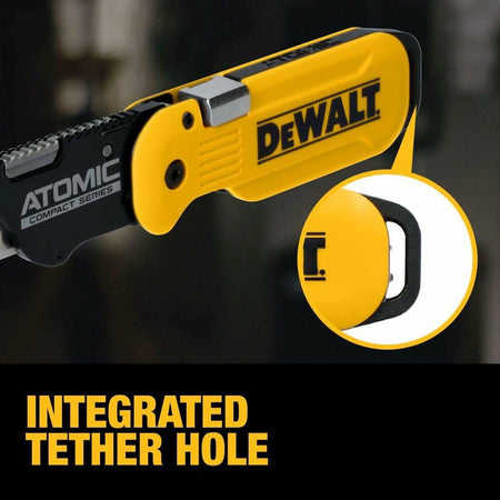 DEWALT ATOMIC Compact Folding Utility Knife with one-hand flip open, quick blade change, ergonomic grip, and integrated tether hole