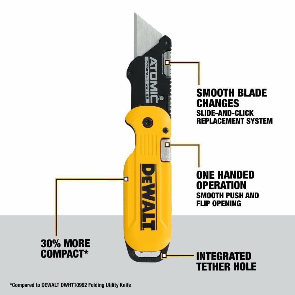 DEWALT ATOMIC Compact Folding Utility Knife with one-hand flip, quick blade change, ergonomic grip, and integrated tether hole