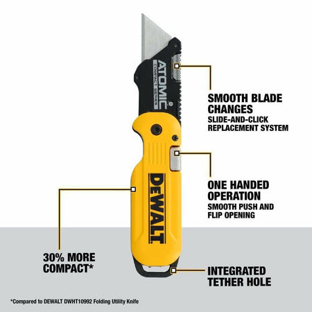 DEWALT ATOMIC Compact Folding Utility Knife with one-hand flip, quick blade change, ergonomic grip, and integrated tether hole