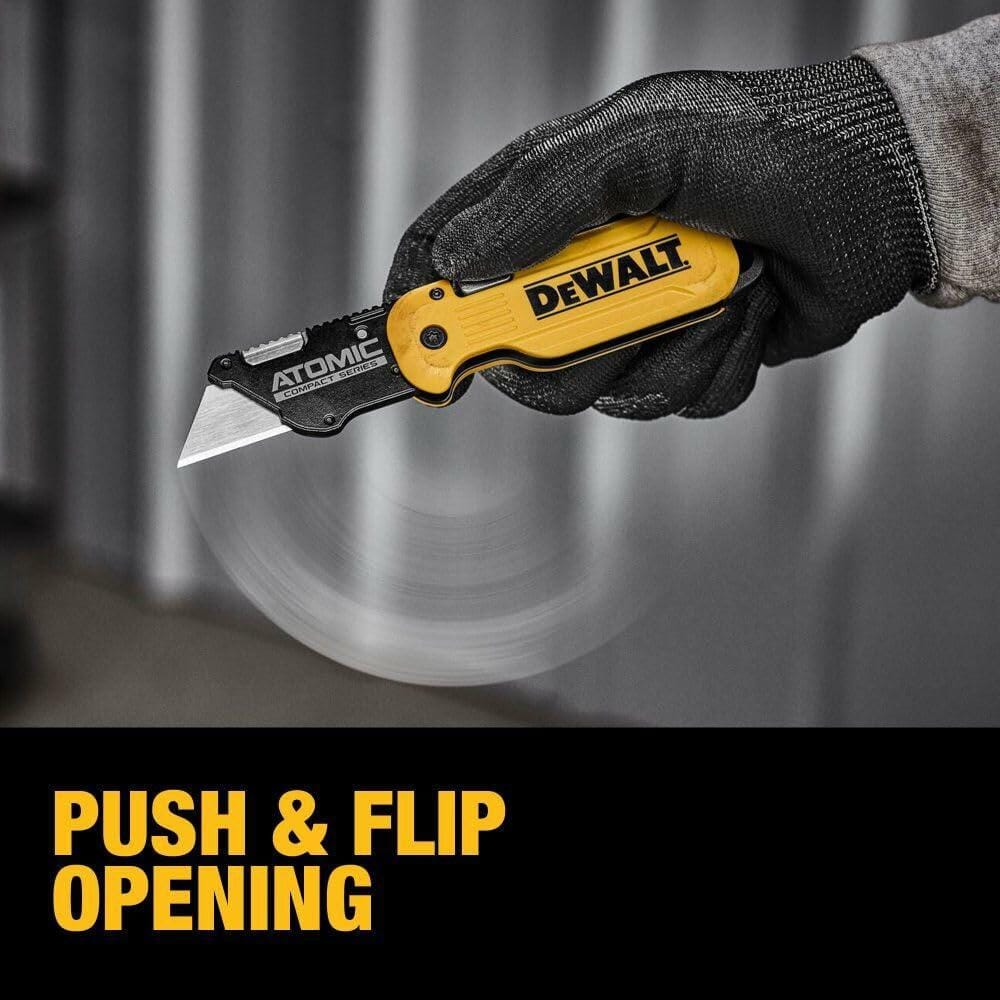 DEWALT ATOMIC Compact Folding Utility Knife with one-hand flip open, quick blade change, ergonomic grip, and tether hole DWHT10990