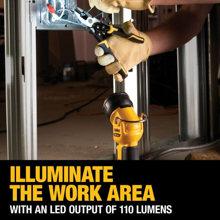 The DEWALT LED work light illuminates dark workspaces with a bright 110-lumen output during indoor electrical or mechanical tasks.
