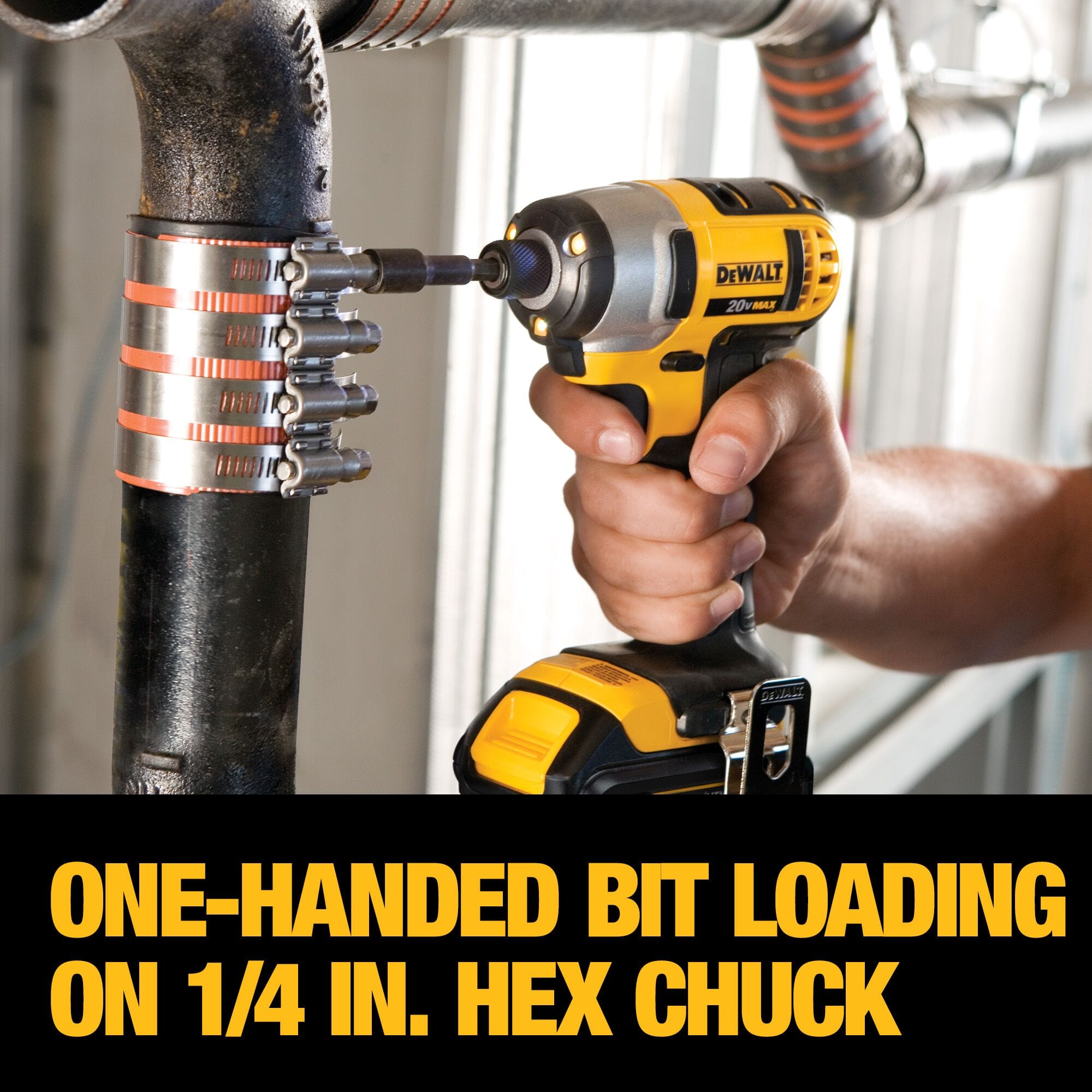 A 1/4-inch hex chuck on the DEWALT 20V MAX impact driver enables quick one-handed bit loading for efficient pipe clamp fastening.