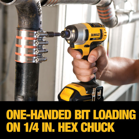 A 1/4-inch hex chuck on the DEWALT 20V MAX impact driver enables quick one-handed bit loading for efficient pipe clamp fastening.