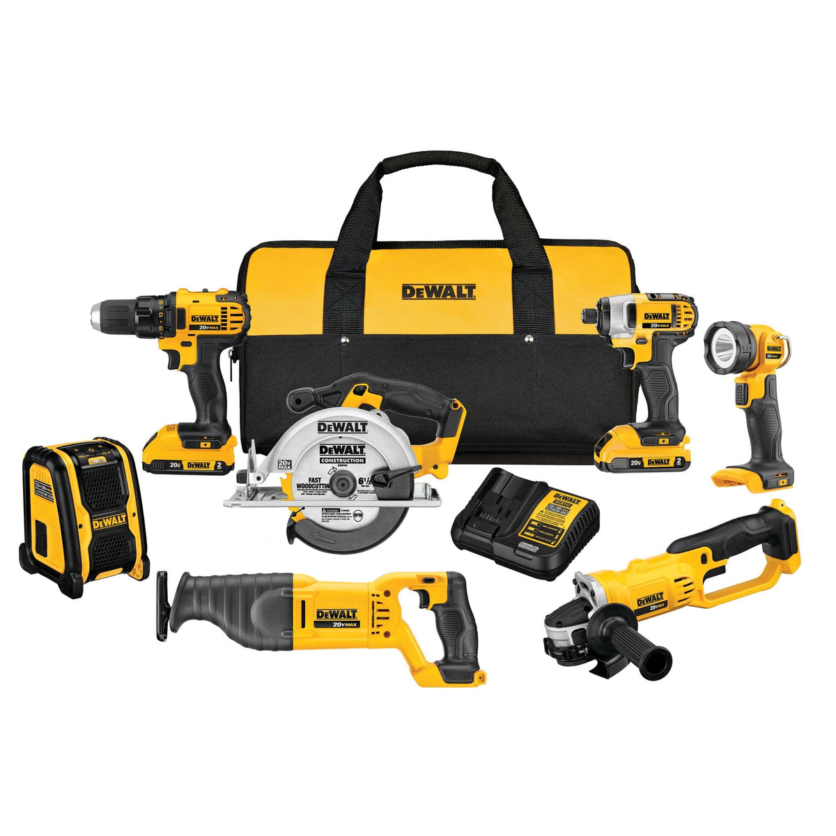 The DEWALT DCK720D2 20V MAX 7-tool combo kit includes two batteries, a charger, bag, drills, saws, grinder, light, and speaker for jobsite versatility.