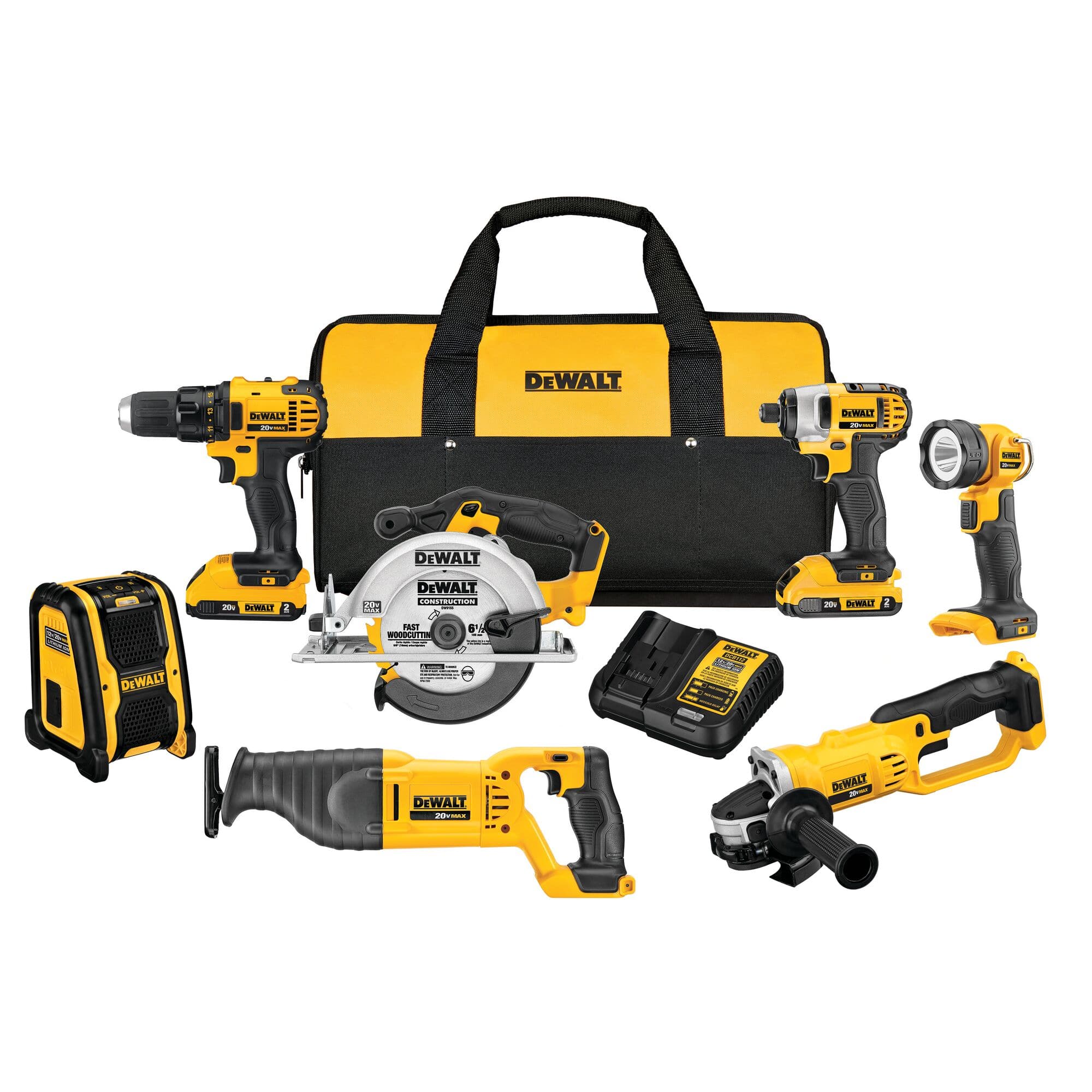The DEWALT DCK720D2 20V MAX 7-tool combo kit includes two batteries, a charger, bag, drills, saws, grinder, light, and speaker for jobsite versatility.