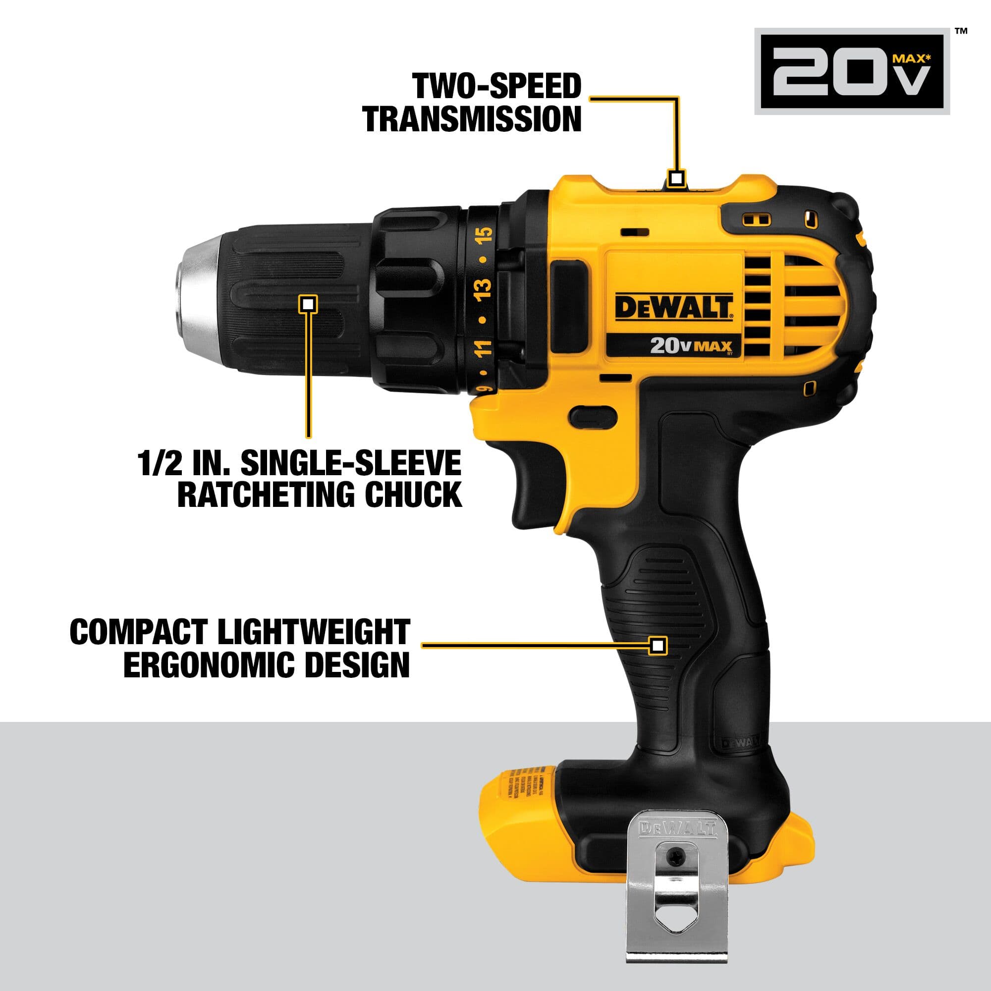 The DEWALT 20V MAX reciprocating saw features a variable-speed trigger and four-position blade clamp for versatile cutting control.