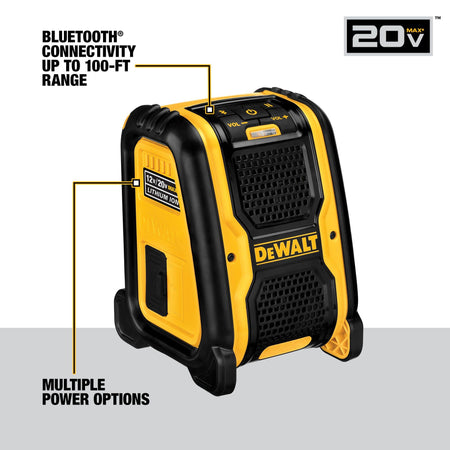 The DEWALT jobsite Bluetooth speaker provides wireless audio connectivity up to 100 feet with multiple power options for jobsite entertainment.