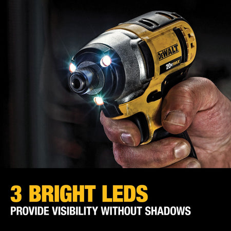 Three bright LEDs on the DEWALT impact driver eliminate shadows to enhance visibility during precision fastening tasks.