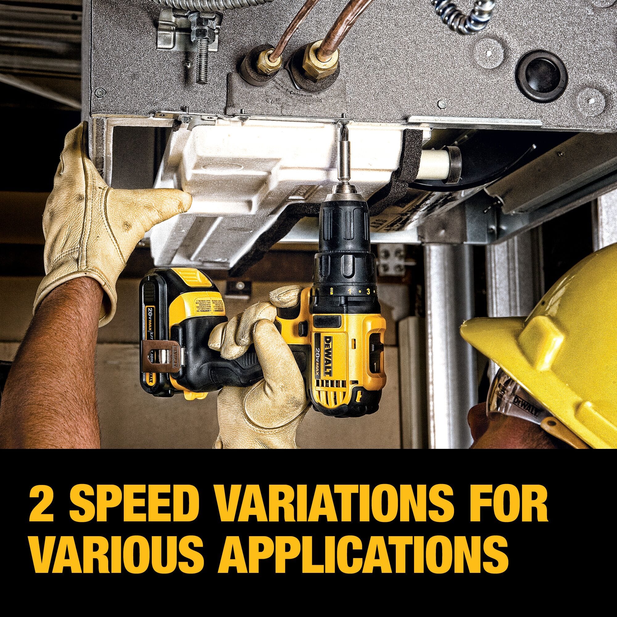 Two speed variations on the DEWALT drill driver adapt performance for diverse drilling and fastening applications.