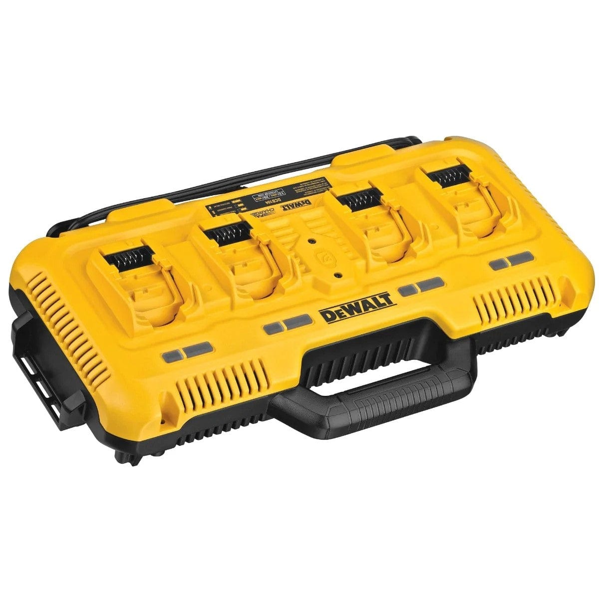 An isometric studio view of the Dewalt DCB104 4-port charger station, showcasing its rugged yellow and black design, ventilation slats, and simultaneous charging ports.