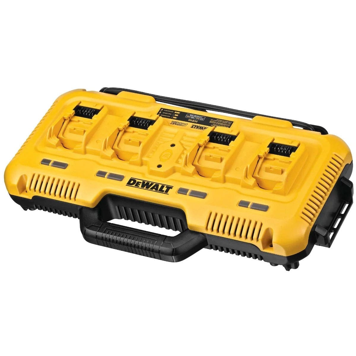 An isometric view of the Dewalt DCB104 charger station from the handle side, showing the compact profile and the heavy-duty power cord storage solution.