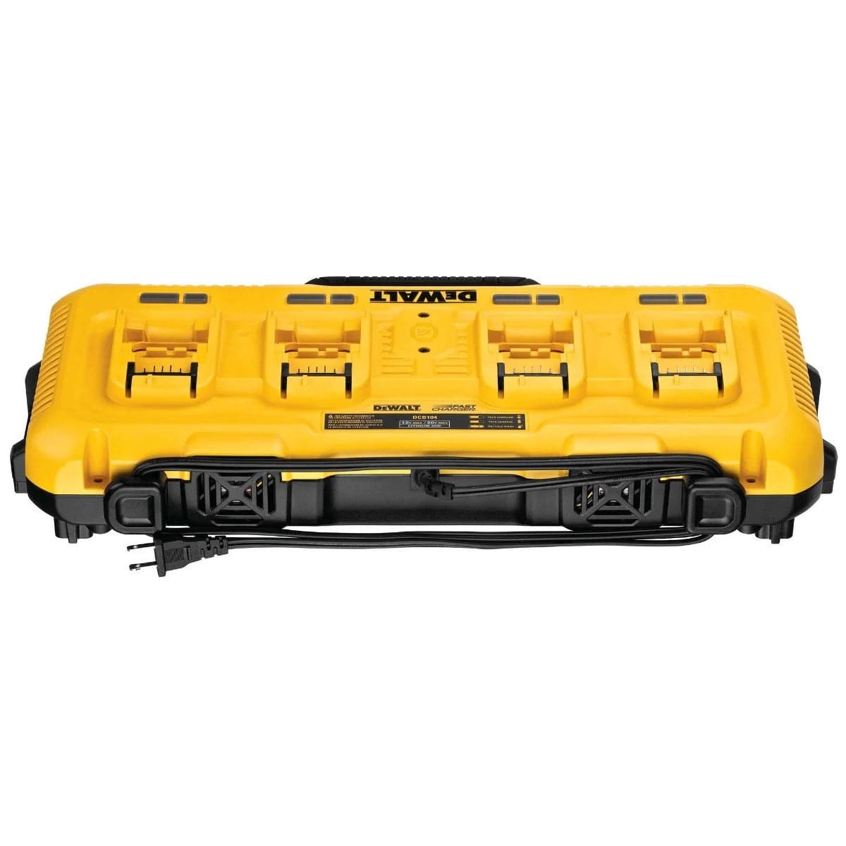 A front-view studio shot of the Dewalt DCB104 4-port charger station, showing the power cord wrapped around the base and the four empty battery charging bays with their respective indicator lights.