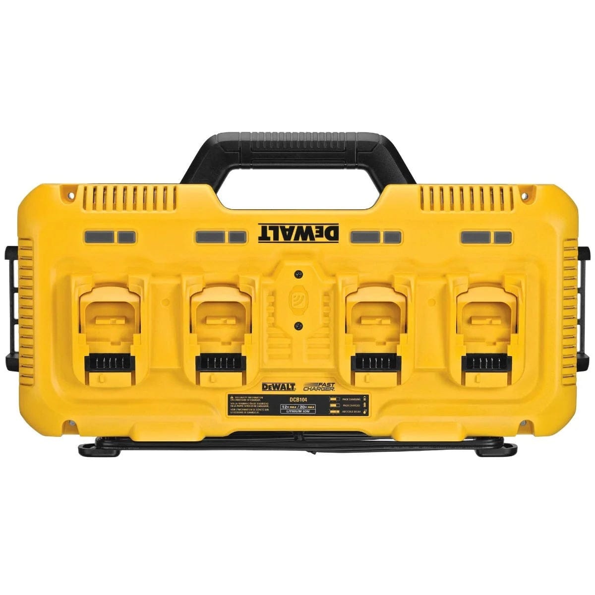 A top-down view of the Dewalt DCB104 simultaneous rapid charger, highlighting the sturdy integrated carrying handle and the four charging ports compatible with 12V and 20V MAX batteries.