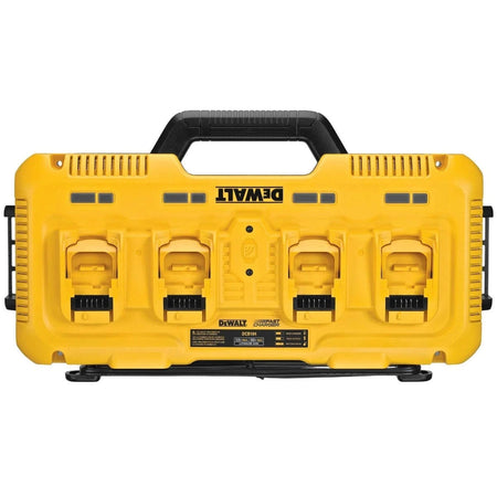 A top-down view of the Dewalt DCB104 simultaneous rapid charger, highlighting the sturdy integrated carrying handle and the four charging ports compatible with 12V and 20V MAX batteries.