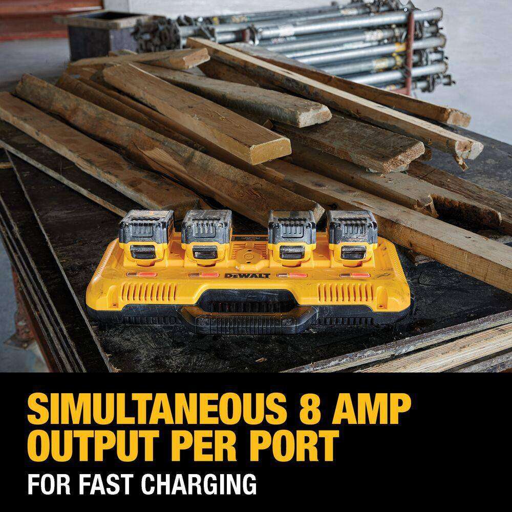 A studio shot of the Dewalt DCB104 charger on a workbench with four batteries docked; text overlay emphasizes the Simultaneous 8 Amp Output Per Port for Fast Charging.