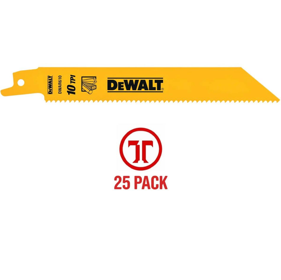 Yellow DEWALT 6-inch 10 TPI bi-metal reciprocating saw blade displayed above a 25-pack icon, designed for fast and smooth general purpose cutting of wood, metal, and plastic.